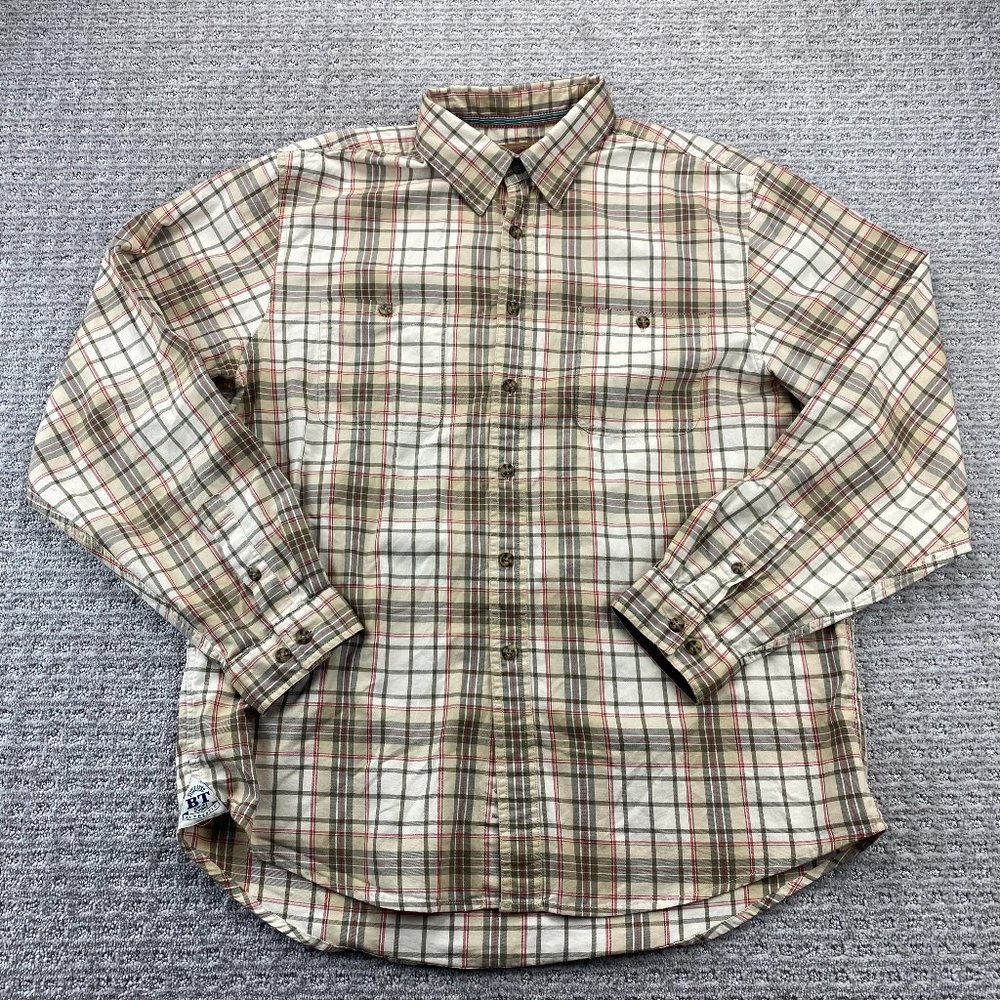 Boston Traders Shirt Men Extra Large XL Brown Red Plaid Button Up Casual Flannel